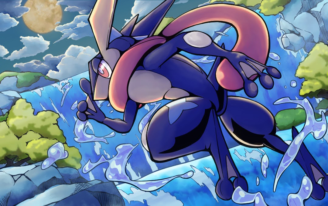 bright_pupils clouds commentary_request from_side greninja moon night outdoors pink_eyes pokemon pokemon_(creature) q-chan sky solo water water_drop waterfall white_pupils
