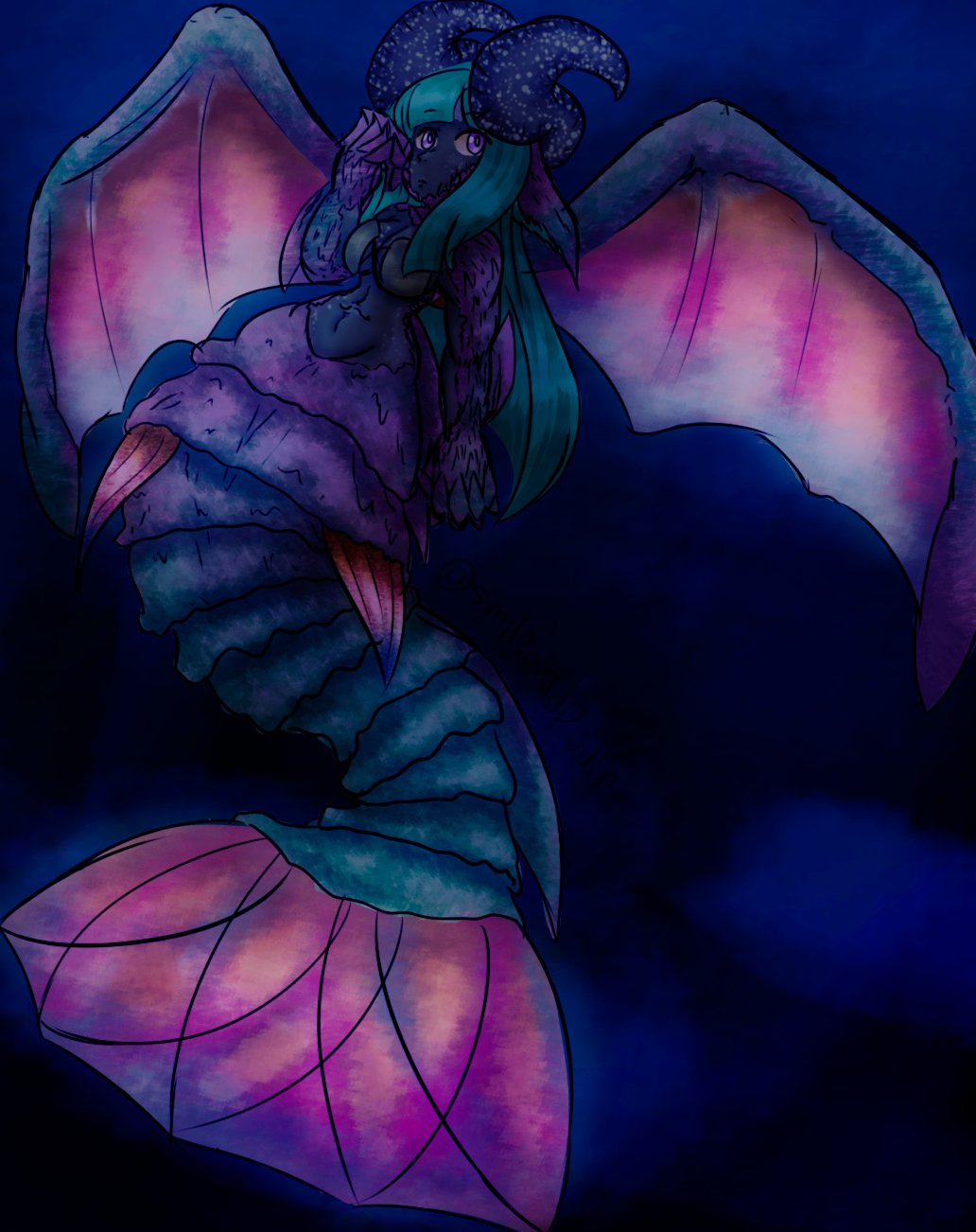 1girl breasts dark dragon_girl dragon_wings expressionless eyebrows_visible_through_hair green_hair highres horns large_breasts long_hair looking_at_viewer midriff monster_girl navel original scales self_upload siren smileandpudin underwater violet_eyes wings