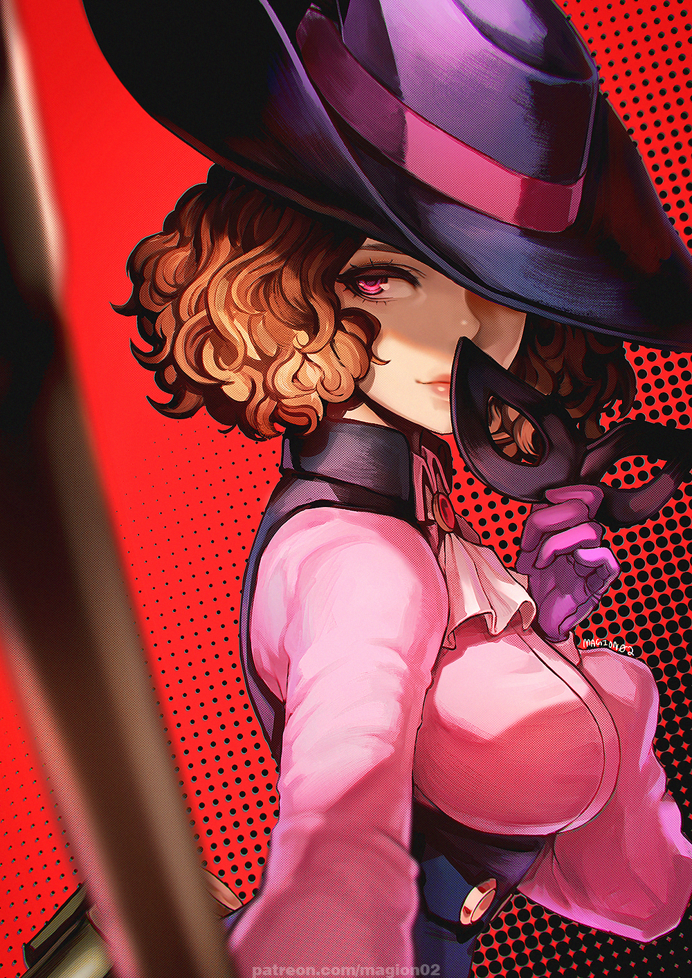 1girl ascot black_background black_headwear breasts brown_hair domino_mask gloves halftone halftone_background hat highres holding holding_mask holding_weapon large_breasts lips looking_at_viewer magion02 mask mask_removed okumura_haru persona persona_5 pink_shirt purple_gloves red_background shirt short_hair signature smile solo two-tone_background underbust upper_body wavy_hair weapon white_ascot