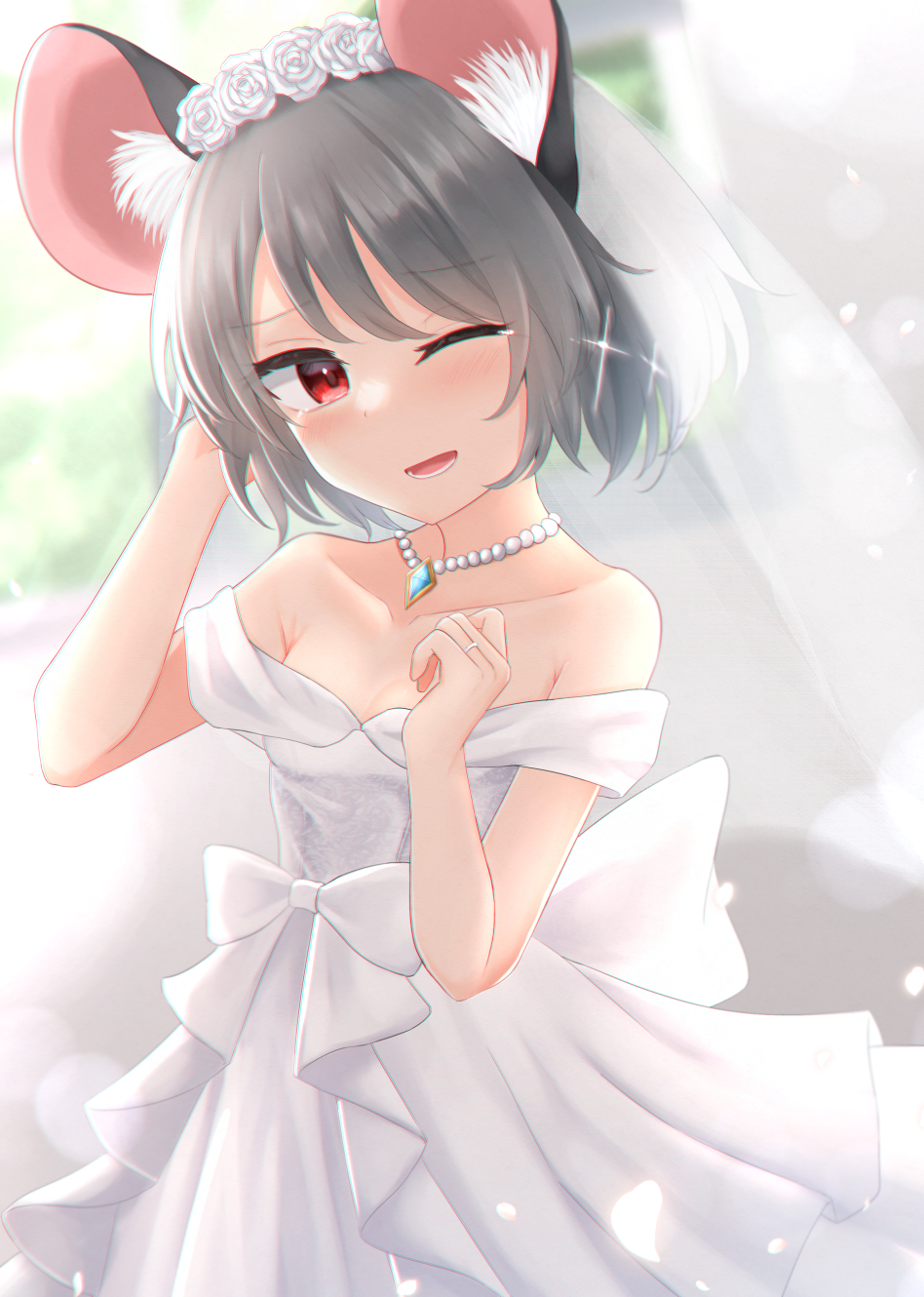 1girl alternate_costume animal_ears bangs blurry blurry_background bow bridal_veil dakuazu dress eyebrows_visible_through_hair flower grey_hair hair_flower hair_ornament hand_in_own_hair highres jewelry looking_at_viewer mouse_ears nazrin off-shoulder_dress off_shoulder one_eye_closed open_mouth pendant red_eyes rose short_hair solo touhou veil wedding_dress white_bow white_dress white_flower white_rose