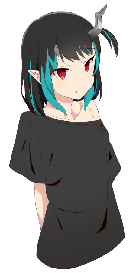 1girl akitetsu bangs black_hair black_shirt blue_hair closed_mouth demon_girl demon_horns expressionless eyebrows_visible_through_hair fang flat_chest horns looking_at_viewer medium_hair multicolored_hair off_shoulder one_side_up pointy_ears red_eyes shirt shishio_chris simple_background solo sugar_lyric transparent_background two-tone_hair upper_body virtual_youtuber