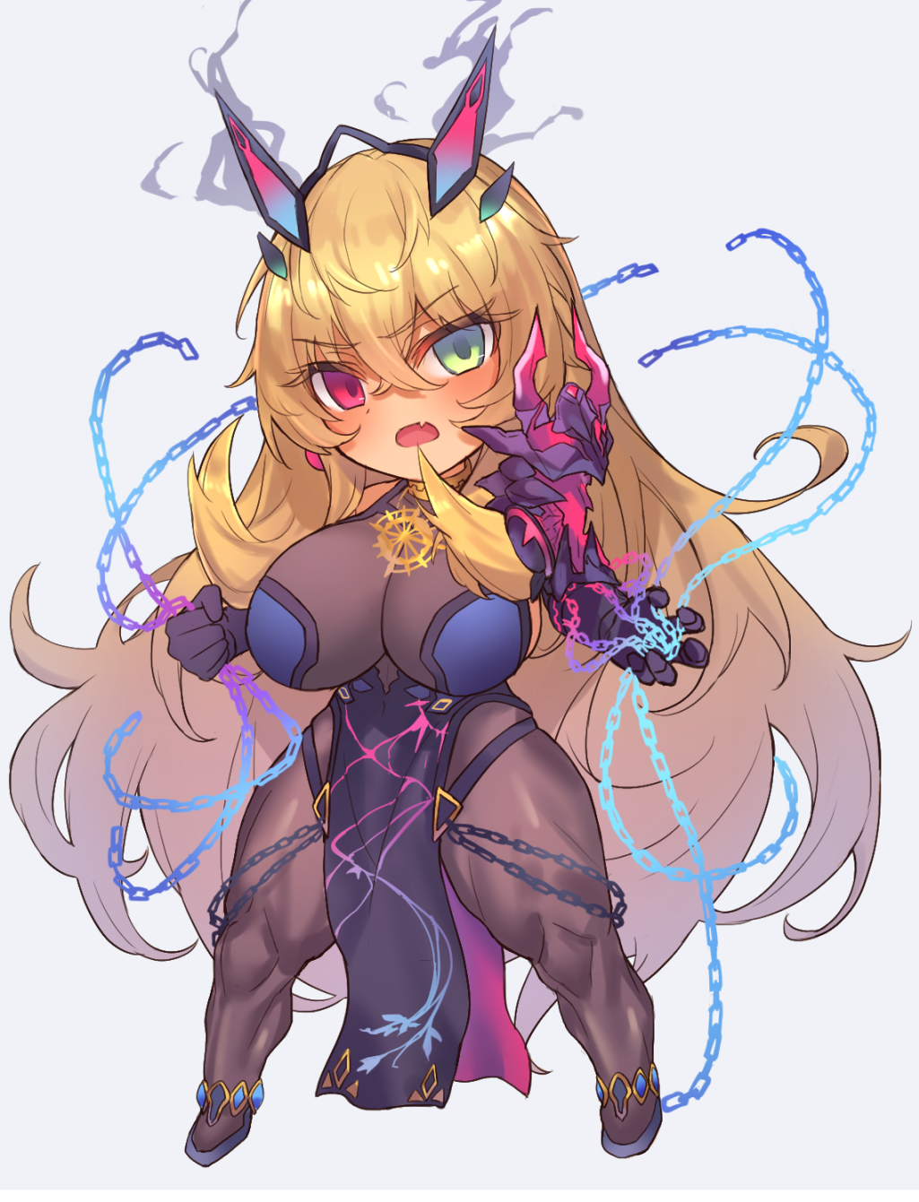 1girl absurdly_long_hair armor black_dress blonde_hair blush brown_legwear chain chibi dress fairy_knight_gawain_(fate) fairy_knight_gawain_(second_ascension)_(fate) fang fate/grand_order fate_(series) gauntlets green_eyes heterochromia highres horns long_hair looking_at_viewer muscular muscular_female pauldrons pelvic_curtain red_eyes sawayuzu shoulder_armor single_gauntlet single_pauldron skin_fang very_long_hair