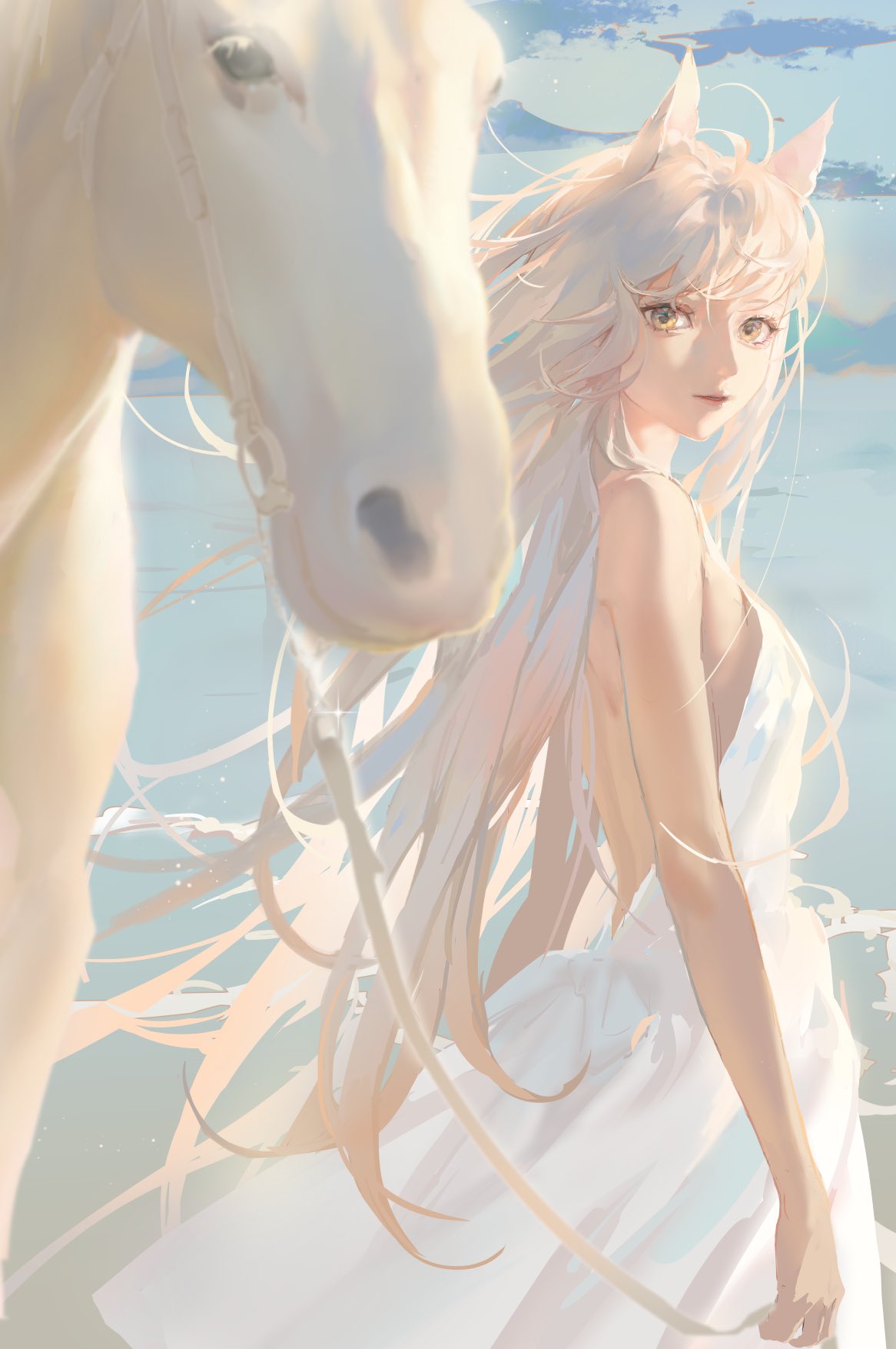 1girl animal animal_ears arknights arms_at_sides backless_dress backless_outfit bangs bare_arms bare_shoulders breasts cat_ears closed_mouth clouds cowboy_shot day dress eyelashes highres holding holding_reins horse long_hair looking_at_viewer looking_to_the_side ocean outdoors pamafff platinum_(arknights) reins sky sleeveless sleeveless_dress sundress very_long_hair waves white_dress wind yellow_eyes