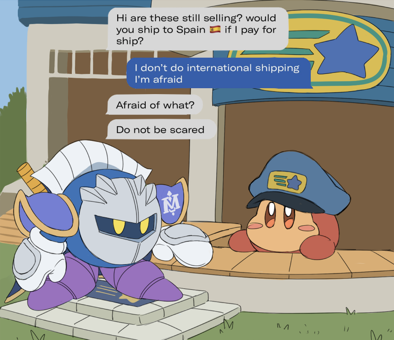 armor blush_stickers brown_eyes cape english_text gloves grass greaves kirby:_right_back_at_ya kirby_(series) kirby_and_the_forgotten_land knightcall mailman mask meme meta_knight post_office shoulder_armor sword waddle_dee weapon yellow_eyes