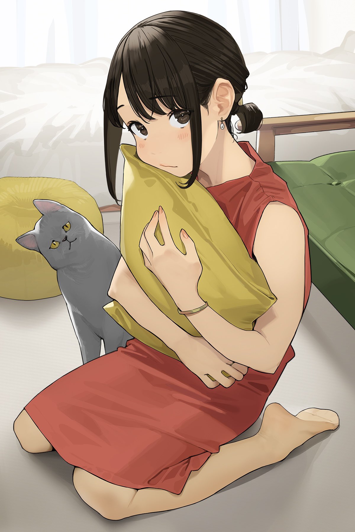 1girl animal blush bracelet brown_eyes brown_hair cat closed_mouth commentary_request douki-chan_(douki-chan) dress earrings fingernails ganbare_douki-chan highres holding holding_pillow indoors jewelry looking_at_viewer pantyhose pillow red_dress short_hair sitting sleeveless sleeveless_dress solo wariza yomu_(sgt_epper)
