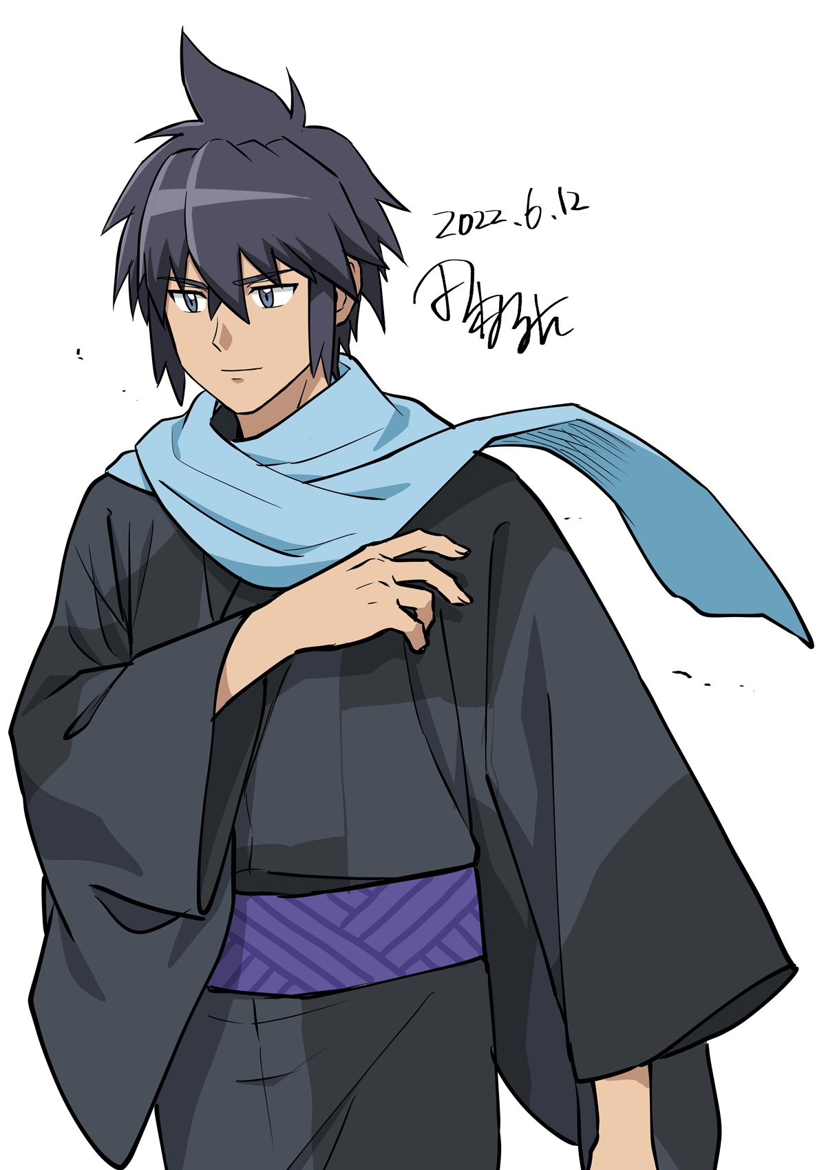 1boy alain_(pokemon) alternate_costume bangs black_hair black_kimono blue_scarf commentary_request dated grey_eyes hair_between_eyes hand_up highres japanese_clothes kimono male_focus one-hour_drawing_challenge pokemon pokemon_(anime) pokemon_xy_(anime) purple_sash sash scarf short_hair signature solo tamura_(kouititamura) white_background wide_sleeves