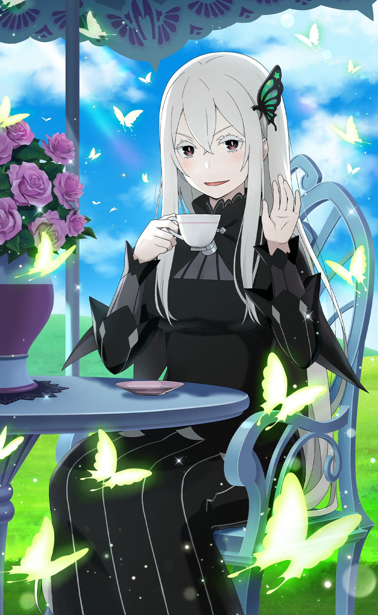 1girl black_dress breasts brown_eyes bug butterfly butterfly_hair_ornament chair cup day dress echidna_(re:zero) flower glowing_butterfly hair_ornament highres holding holding_cup long_hair long_sleeves looking_at_viewer medium_breasts official_art open_mouth outdoors pink_flower pink_rose plate re:zero_kara_hajimeru_isekai_seikatsu rose sitting smile striped sunlight umbrella vertical_stripes white_eyelashes white_hair