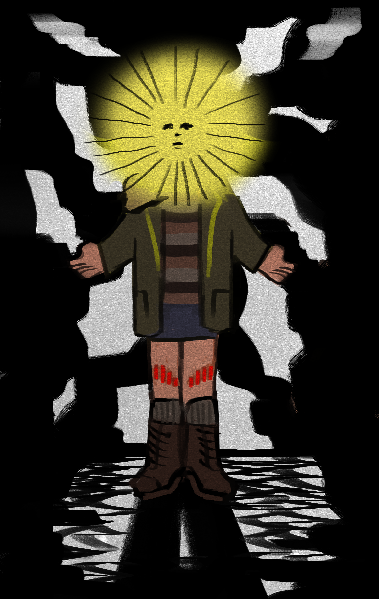 1girl blue_skirt brown_boots changeling clara_(pathologic) gourmetpap3r green_jacket hands_raised pathologic pathologic_2 scraped_knee solo striped_shirt sun_(symbol) symbolism