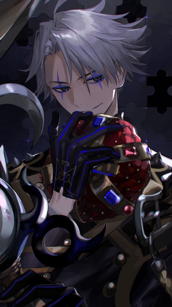 1boy ahoge bangs evil_smile facial_mark fate/grand_order fate_(series) gloves grey_eyes grey_hair holding itefu james_moriarty_(ruler)_(fate) long_hair looking_away male_focus short_hair shoulder_spikes smile solo sparkle spikes teeth upper_body