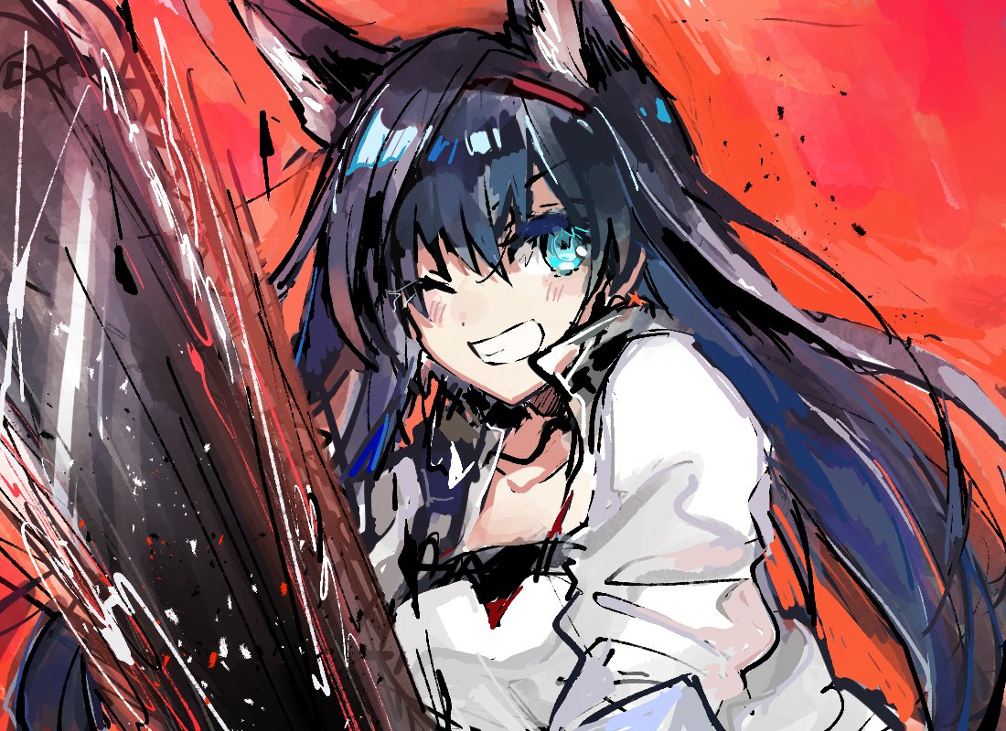 1girl ;d animal_ears aqua_eyes arknights black_hair blaze_(arknights) blush cat_ears chainsaw eyebrows_visible_through_hair grin hairband jacket long_hair looking_at_viewer one_eye_closed open_clothes open_jacket parted_lips red_hairband shirt smile solo umesasami upper_body v-shaped_eyebrows very_long_hair weapon white_jacket white_shirt