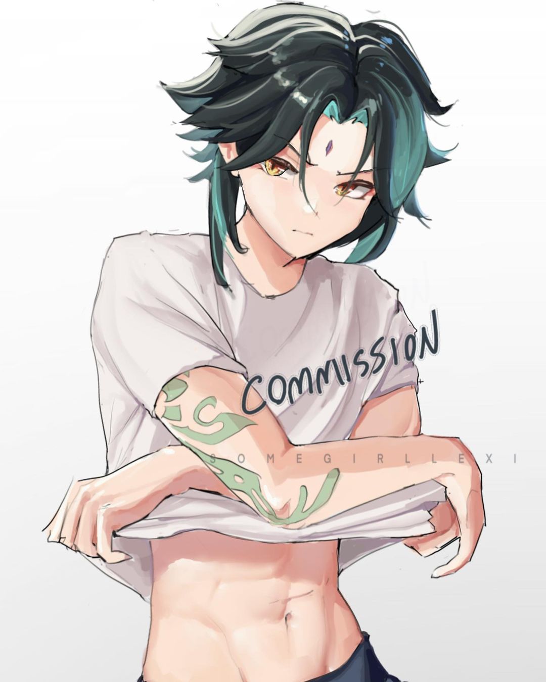1boy ahoge arm_tattoo bangs bare_arms black_hair blue_pants closed_mouth clothes_lift commission genshin_impact green_hair highres male_focus multicolored_hair navel open_clothes open_shirt pants shirt shirt_lift short_hair somegirllexi stomach t-shirt tattoo two-tone_hair white_background white_shirt xiao_(genshin_impact) yellow_eyes