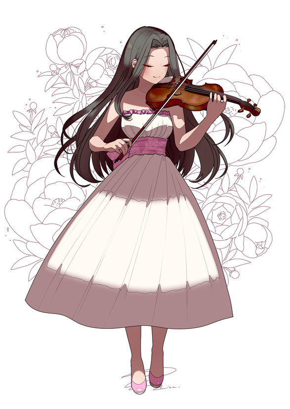 1girl bangs black_hair bow_(music) closed_eyes dress floral_background forehead full_body ich. idolmaster idolmaster_cinderella_girls instrument long_hair music parted_bangs pink_sash playing_instrument sash smile solo strapless strapless_dress suzumiya_seika very_long_hair violin white_dress