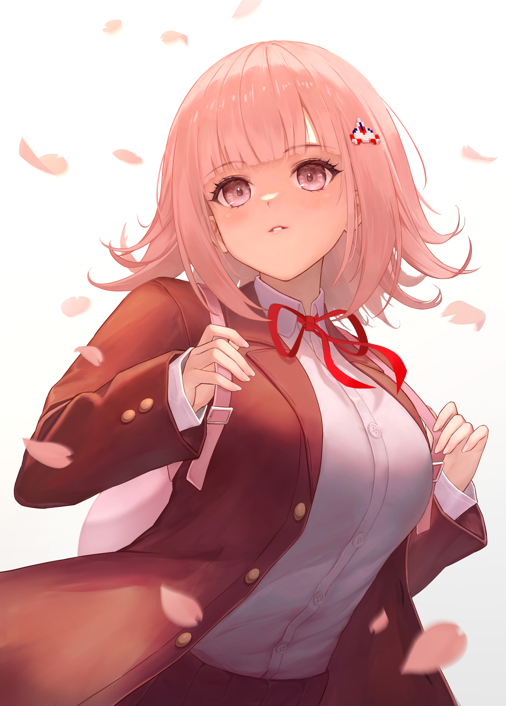 1girl backpack bag bangs brown_jacket brown_skirt danganronpa_(series) danganronpa_3_(anime) dress_shirt eyebrows_visible_through_hair galaga highres holding_strap hope's_peak_academy_school_uniform jacket long_sleeves medium_hair migowa nanami_chiaki neck_ribbon open_clothes open_jacket parted_lips petals pink_eyes pleated_skirt red_ribbon ribbon school_uniform shirt shirt_tucked_in skirt smile solo teeth