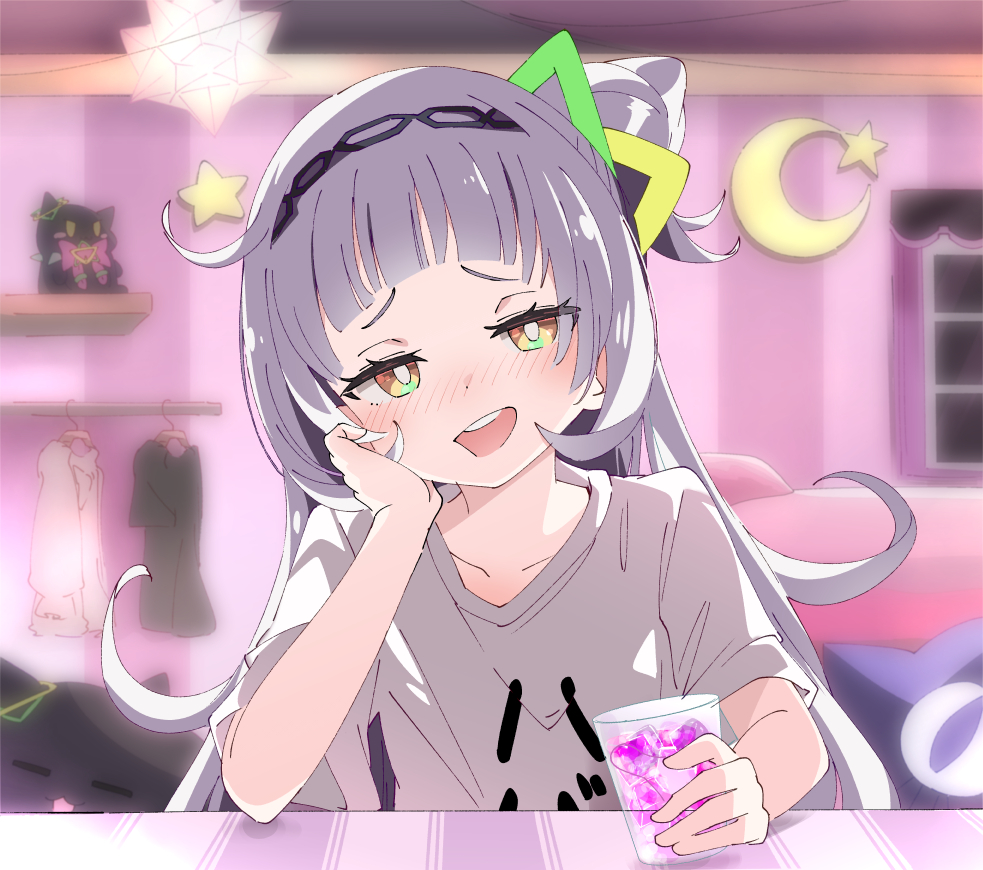 1girl bangs black_hairband blush bright_pupils collarbone commentary_request crescent cup drinking_glass hair_ornament hairband holding holding_cup hololive indoors ixy long_hair looking_at_viewer murasaki_shion open_mouth shiokko_(murasaki_shion) shirt short_sleeves smile solo star_(symbol) t-shirt teeth upper_body upper_teeth virtual_youtuber white_hair white_pupils white_shirt yellow_eyes