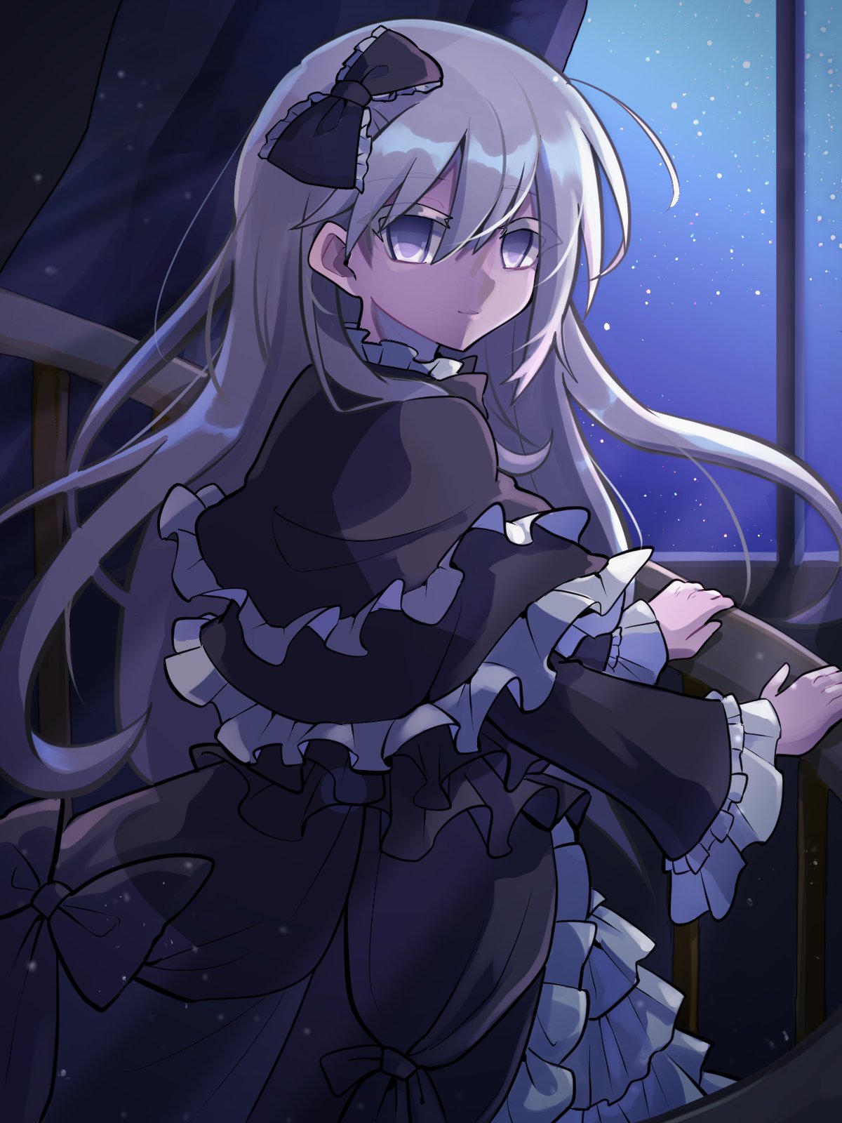 1girl black_bow black_dress bow curtains dress duel_monster empty_eyes floating_hair frilled_bow frilled_dress frills ghost_belle_&amp;_haunted_mansion gothic_lolita grey_eyes grey_hair hair_bow hand_on_railing highres lolita_fashion long_hair long_sleeves night nooa_(souzikisuki) solo star_(sky) window yu-gi-oh!