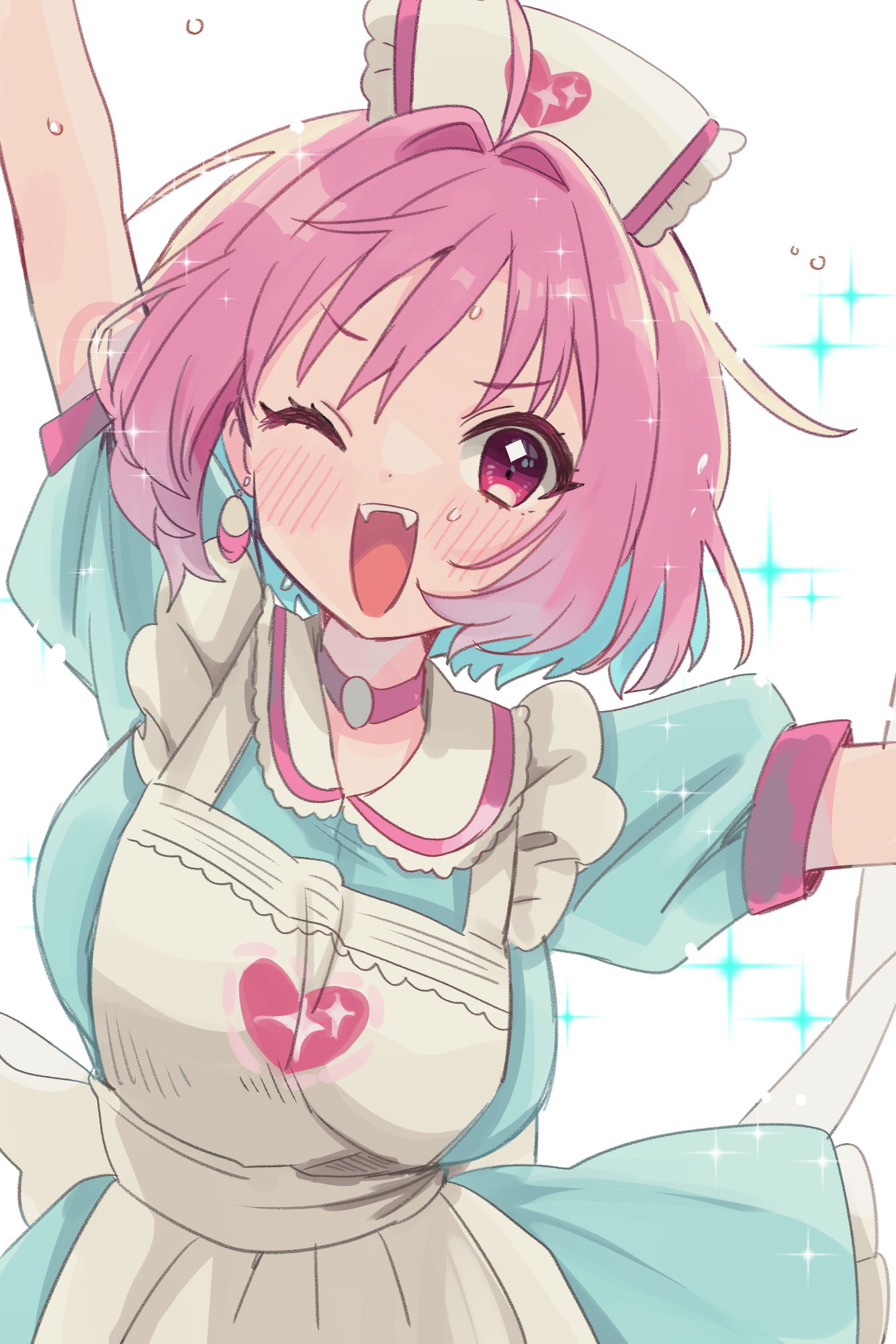 1girl apron arm_up bangs blue_dress blue_hair breasts choker dress earrings eyebrows_visible_through_hair flying_sweatdrops frilled_apron frills hat heart heart_print highres idolmaster idolmaster_cinderella_girls idolmaster_cinderella_girls_starlight_stage jewelry large_breasts looking_at_viewer multicolored_hair nurse_cap official_alternate_costume one_eye_closed open_mouth outstretched_arm pill_earrings pink_eyes pink_hair puffy_short_sleeves puffy_sleeves saito_katuo short_sleeves smile solo sparkle_background sparkle_print sweat symbol-only_commentary teeth two-tone_hair upper_teeth white_apron yumemi_riamu