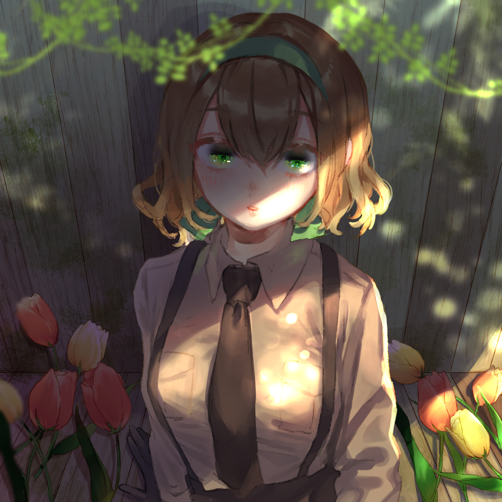 1girl arms_at_sides axis_powers_hetalia bangs belgium_(hetalia) black_necktie blurry breasts brown_hair collared_shirt dappled_sunlight depth_of_field fence flower from_above green_eyes green_ribbon hairband hatake_hukuro large_breasts long_sleeves looking_afar necktie parted_lips plant ribbon shade shirt solo sunlight suspenders tulip upper_body vines wavy_hair wooden_fence