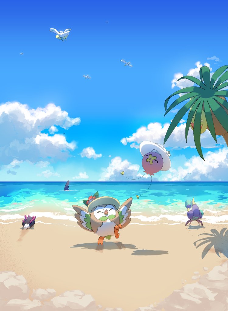 alolan_exeggutor bird clouds commentary_request crabrawler day drifloon flower hat hat_flower hatted_pokemon mokukitusui no_humans outdoors pelipper pokemon pokemon_(creature) pyukumuku red_flower rowlet sand sky water wingull yellow_headwear