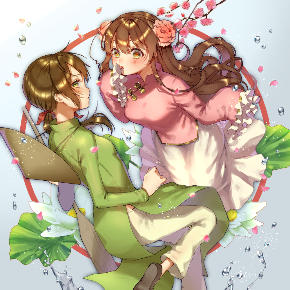 2girls ahoge axis_powers_hetalia bangs branch breasts chin_strap chinese_clothes circle eyelashes feet_out_of_frame floating flower frilled_sleeves frills hair_flower hair_ornament hand_up hat hat_removed hatake_hukuro headwear_removed holding holding_oar leaf long_hair long_sleeves looking_at_viewer lotus low_ponytail multiple_girls oar outstretched_arm pants pelvic_curtain petals pink_flower plum_blossoms ponytail profile rice_hat shoe_soles shoes skirt taiwan_(hetalia) toggles very_long_hair vietnam_(hetalia) vietnamese_dress water white_flower white_pants white_skirt wide_sleeves yellow_eyes