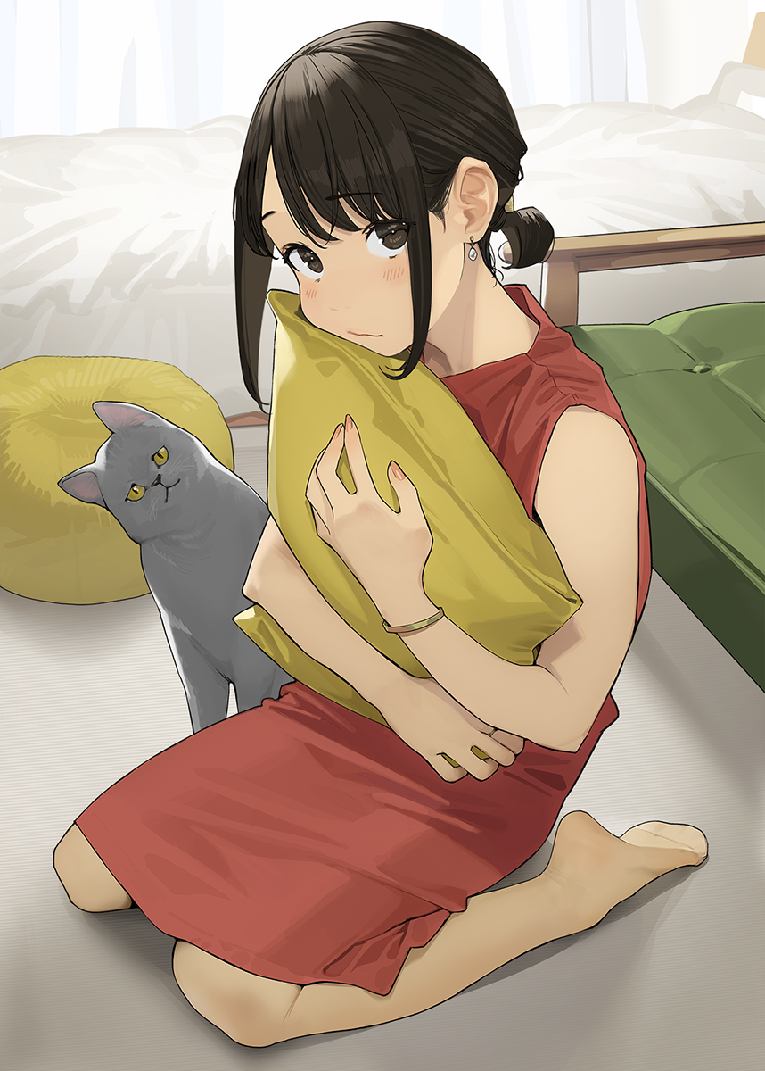 1girl animal blush bracelet brown_eyes brown_hair cat closed_mouth commentary_request couch douki-chan_(douki-chan) dress earrings fingernails ganbare_douki-chan highres holding holding_pillow indoors jewelry looking_at_viewer nape pantyhose pillow red_dress short_hair short_hair_with_long_locks sidelocks sitting sleeveless sleeveless_dress solo wariza yomu_(sgt_epper)