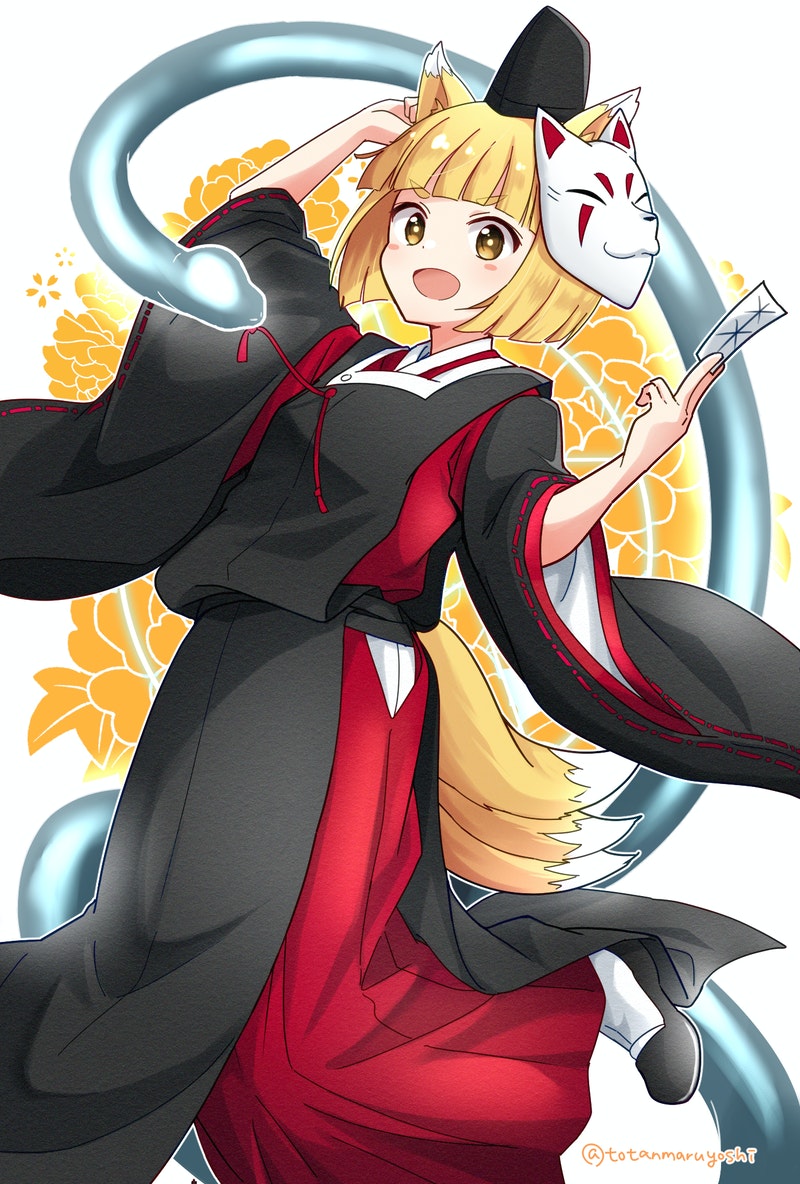 1girl :d animal_ears blonde_hair blush_stickers borrowed_character brown_eyes colored_tips commentary_request commission enkichi_totan floral_background fox_ears fox_girl fox_mask fox_tail hakama hat japanese_clothes kariginu looking_at_viewer mask mask_on_head multicolored_hair multiple_tails ofuda onmyouji original short_hair skeb_commission smile snake solo standing standing_on_one_leg tail tate_eboshi thick_eyebrows twitter_username white_background wide_sleeves