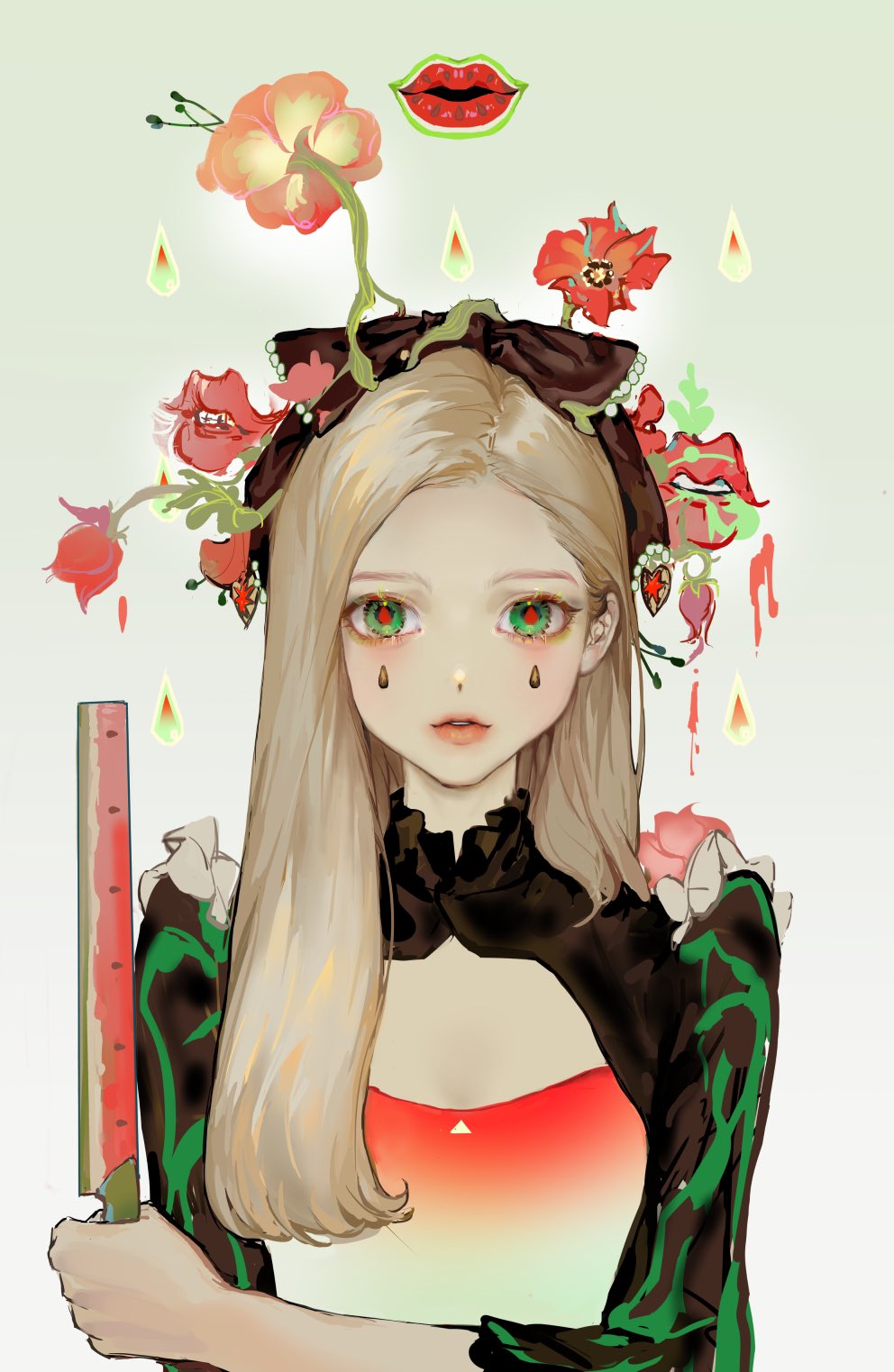 1girl black_bow blonde_hair bow dripping extra_mouth facial_mark flower flower_on_head food food-themed_clothes frills fruit gradient green_eyes hair_bow hair_flower hair_ornament hand_up highres holding lips long_hair looking_at_viewer multicolored_eyes original pamafff parted_lips red_eyes red_flower red_rose rose solo sticker straight-on symbol-only_commentary teardrop upper_body watermelon