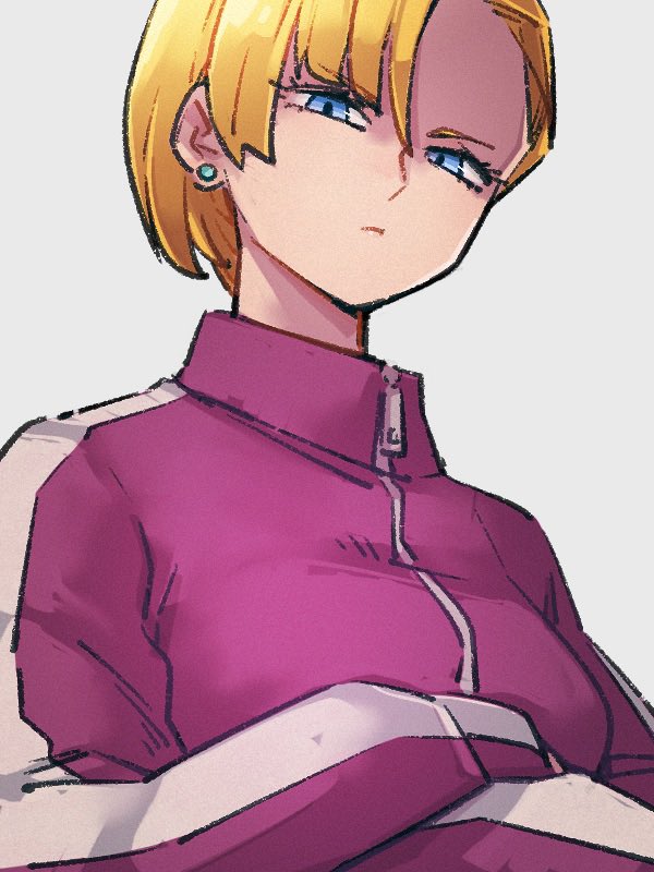1girl android_18 blonde_hair blue_eyes breasts closed_mouth crossed_arms dragon_ball dragon_ball_super dragon_ball_super_super_hero earrings half-closed_eyes jewelry kemachiku looking_at_viewer short_hair solo upper_body zipper_pull_tab