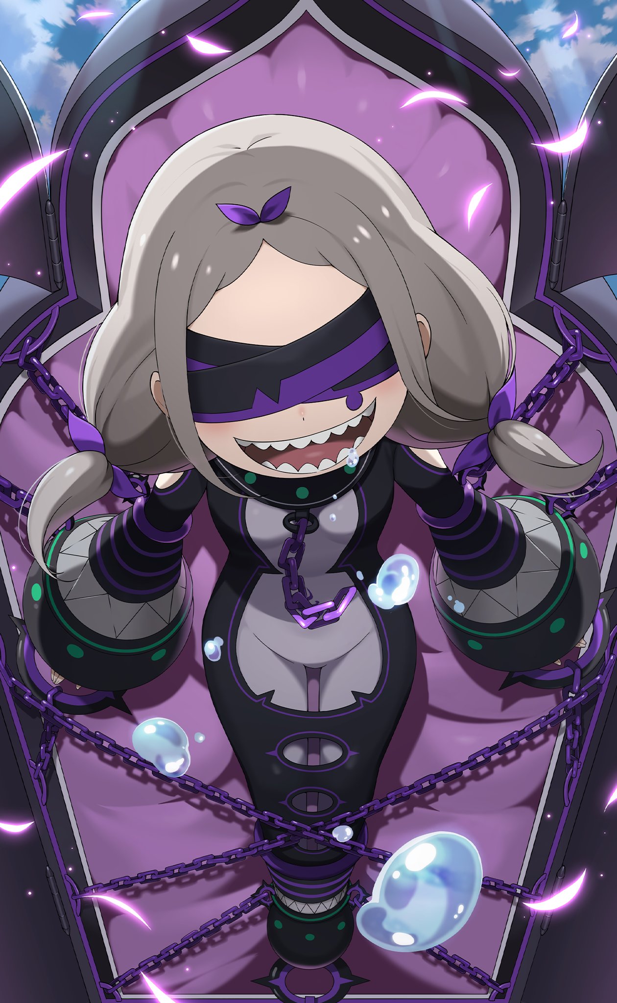 1girl bangs bdsm black_blindfold blindfold bodysuit bow chain daphne_(re:zero) grey_bodysuit grey_hair hair_bow highres long_hair low_twintails official_art open_mouth outdoors parted_bangs petals purple_bow re:zero_kara_hajimeru_isekai_seikatsu restrained teeth twintails