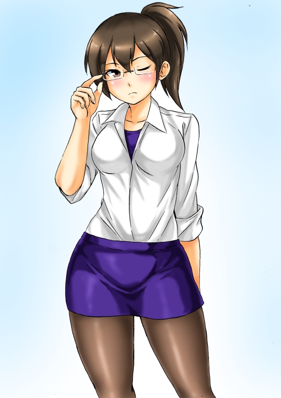 1girl adjusting_eyewear alternate_costume bespectacled black_legwear blue_skirt brown_eyes brown_hair collared_shirt commentary_request glasses kaga_(kancolle) kantai_collection kudou_(ooabareteng) long_hair office_lady one_eye_closed pencil_skirt shirt side_ponytail skirt sleeves_rolled_up solo standing white_shirt