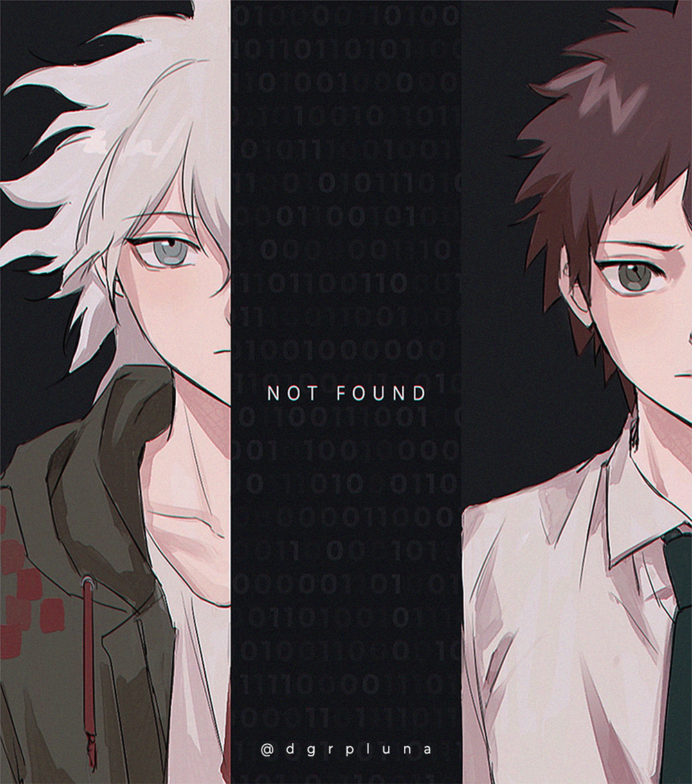 2boys artist_name bangs binary black_background black_necktie boleum_(dgrpluna) brown_hair collarbone collared_shirt danganronpa_(series) danganronpa_2:_goodbye_despair english_text frown green_jacket grey_hair hinata_hajime hood hood_down hooded_jacket jacket komaeda_nagito male_focus messy_hair multiple_boys necktie shiny shiny_hair shirt short_hair spoilers white_shirt