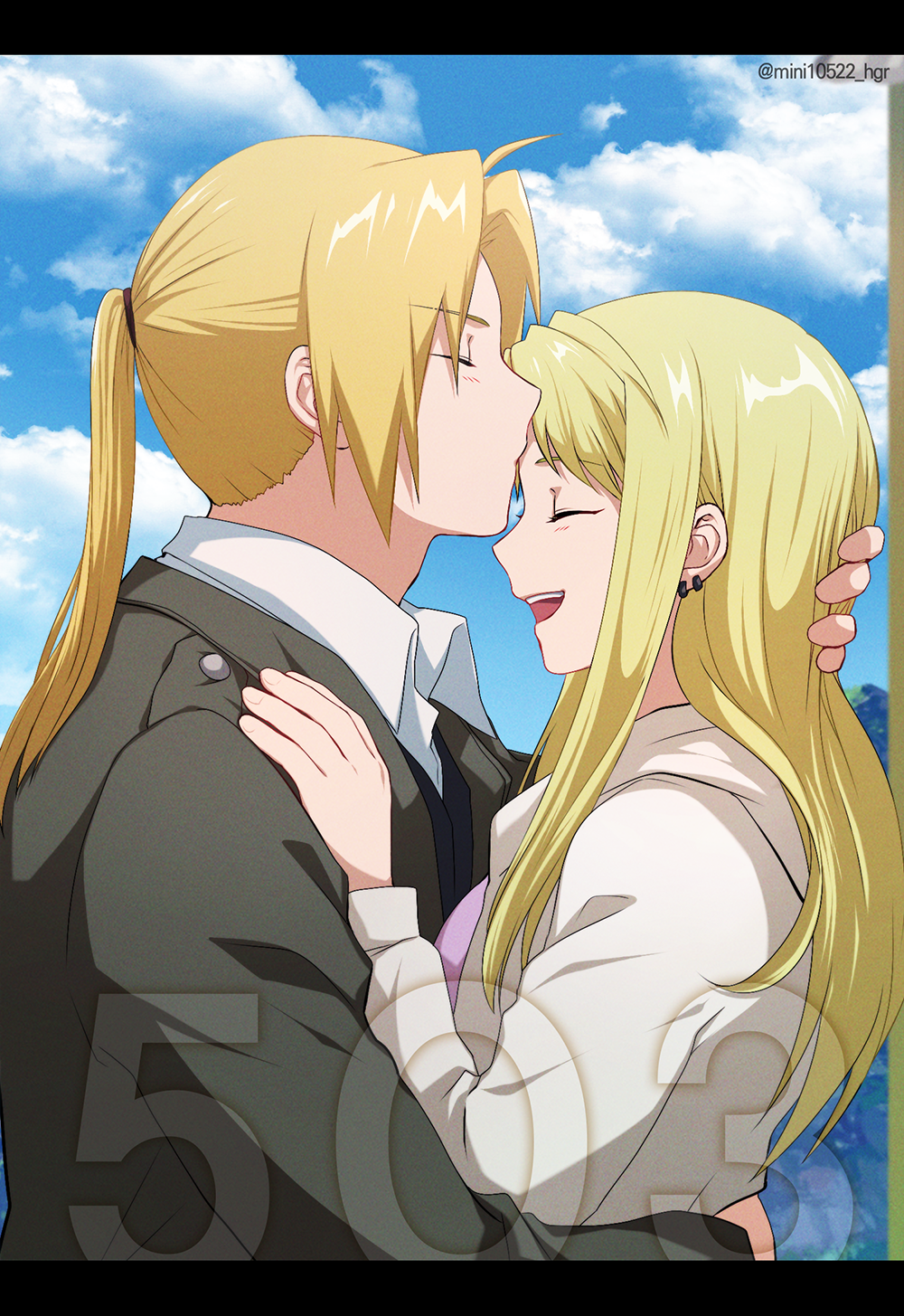 1boy 1girl :d ahoge blonde_hair blue_sky closed_eyes clouds coat couple day earrings edward_elric from_side fullmetal_alchemist grey_coat hair_intakes hetero highres hug jacket jewelry kiss kissing_cheek long_hair long_sleeves mini_(pixiv6327751) open_mouth outdoors ponytail shiny shiny_hair sky smile twitter_username upper_body white_jacket wing_collar winry_rockbell