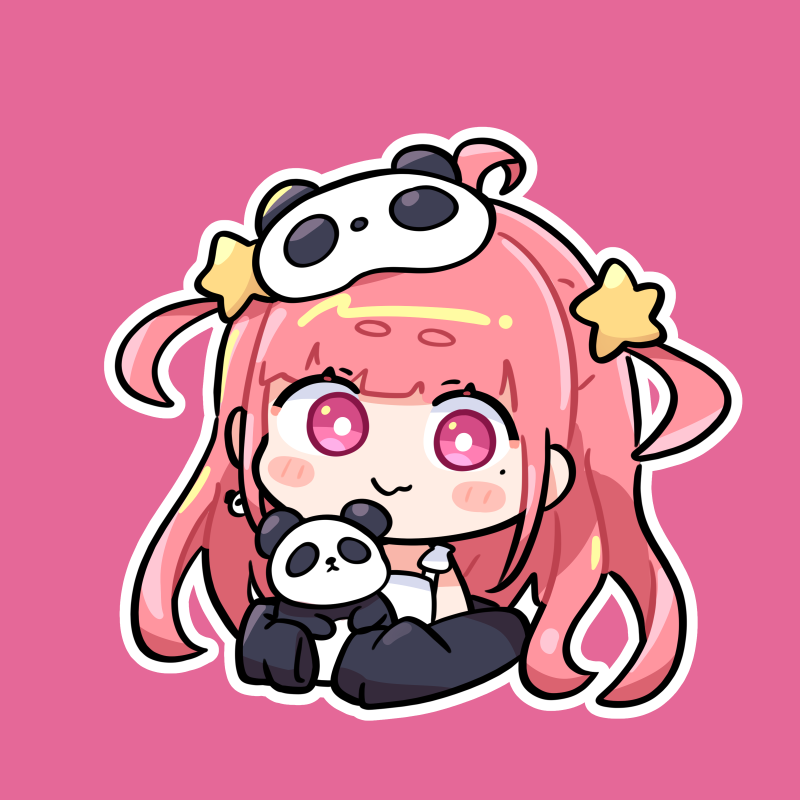 1girl ahoge bangs chibi closed_mouth cropped_torso looking_at_viewer mole mole_under_eye nijisanji panda pink_background pink_eyes pink_hair pongari sasaki_saku simple_background sleep_mask solo two_side_up virtual_youtuber wavy_mouth