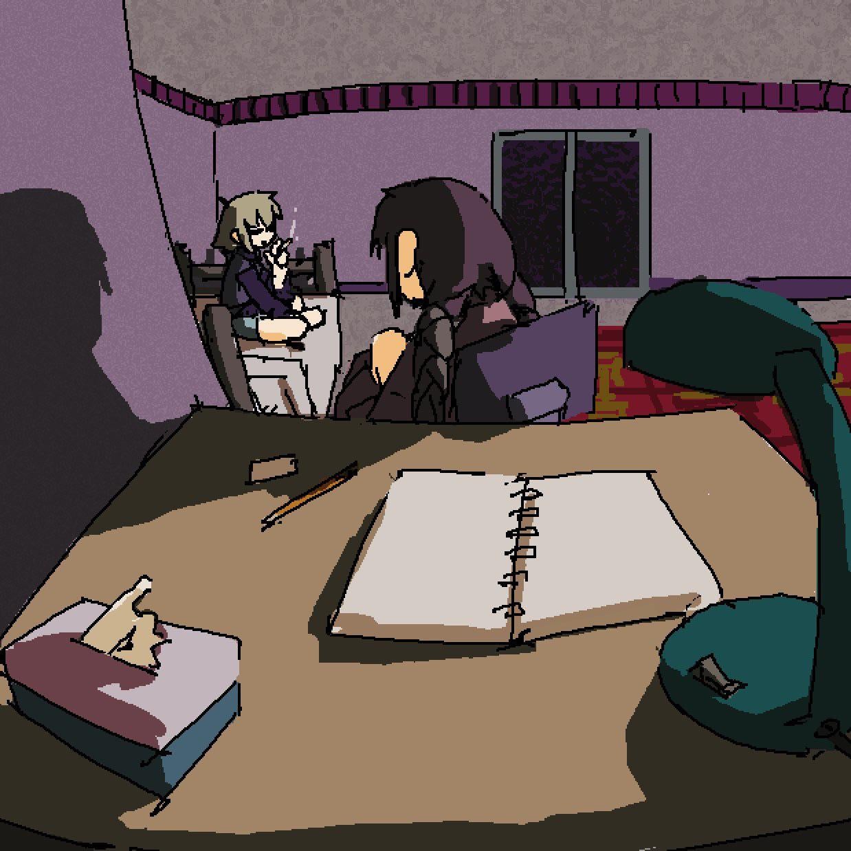 2girls bad_link bangs blonde_hair braid brown_hair cigarette closed_eyes diary highres holding holding_cigarette lamp looking_at_another madotsuki multiple_girls on_bed pantsu-ripper pencil room sitting sitting_on_bed smoke smoking tissue_box twin_braids urotsuki window yume_2kki yume_nikki