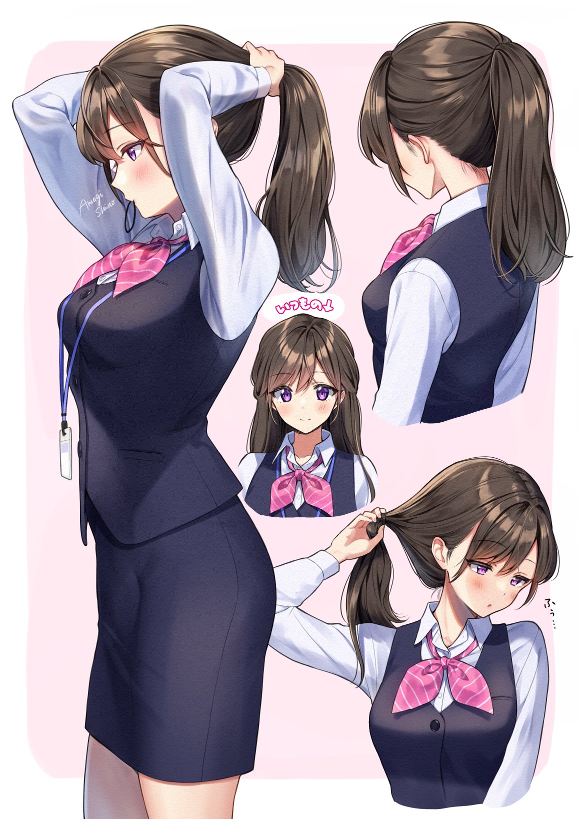 1girl :o amagi_shino artist_name bangs blue_skirt blue_vest blush brown_hair closed_mouth collared_shirt dress_shirt hair_tie hair_tie_in_mouth hands_up highres long_hair long_sleeves looking_at_viewer mouth_hold multiple_views neckerchief office_lady original parted_lips pencil_skirt pink_background pink_neckerchief ponytail receptionist_girl_(amagi_shino) shirt signature simple_background skirt smile solo standing tying_hair upper_body vest violet_eyes white_shirt