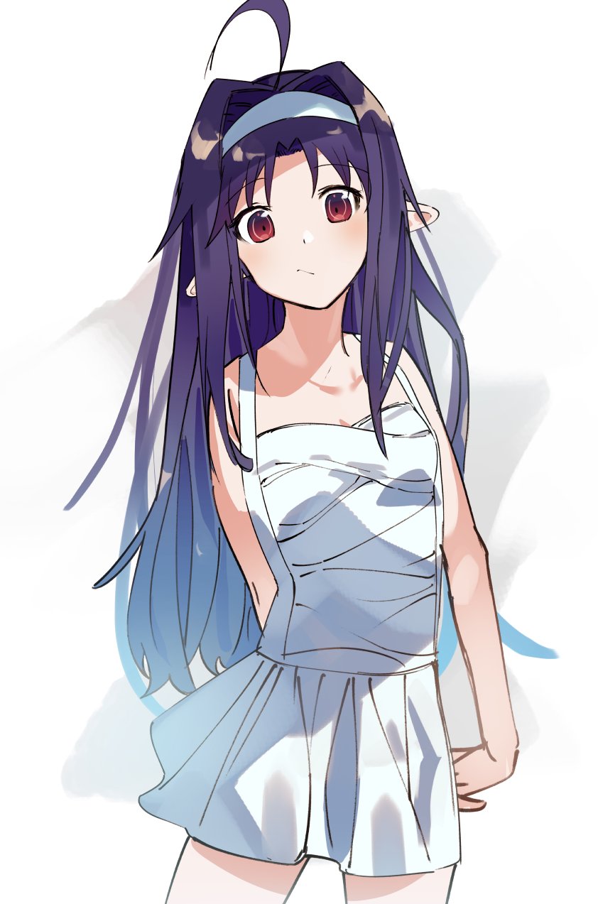 1girl :/ ahoge alternate_costume arms_behind_back bangs bare_shoulders breasts closed_mouth dress eyebrows_visible_through_hair hairband highres kochi_(wwwkyck) long_hair looking_at_viewer own_hands_together parted_bangs pointy_ears purple_hair red_eyes sleeveless sleeveless_dress small_breasts solo sword_art_online white_background white_dress white_hairband yuuki_(sao)