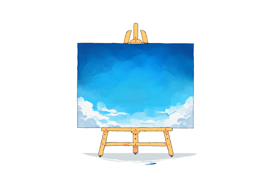aimf artist_name blue_sky canvas_(object) clouds commentary_request easel english_commentary mixed-language_commentary no_humans original painting_(object) signature simple_background sky still_life white_background