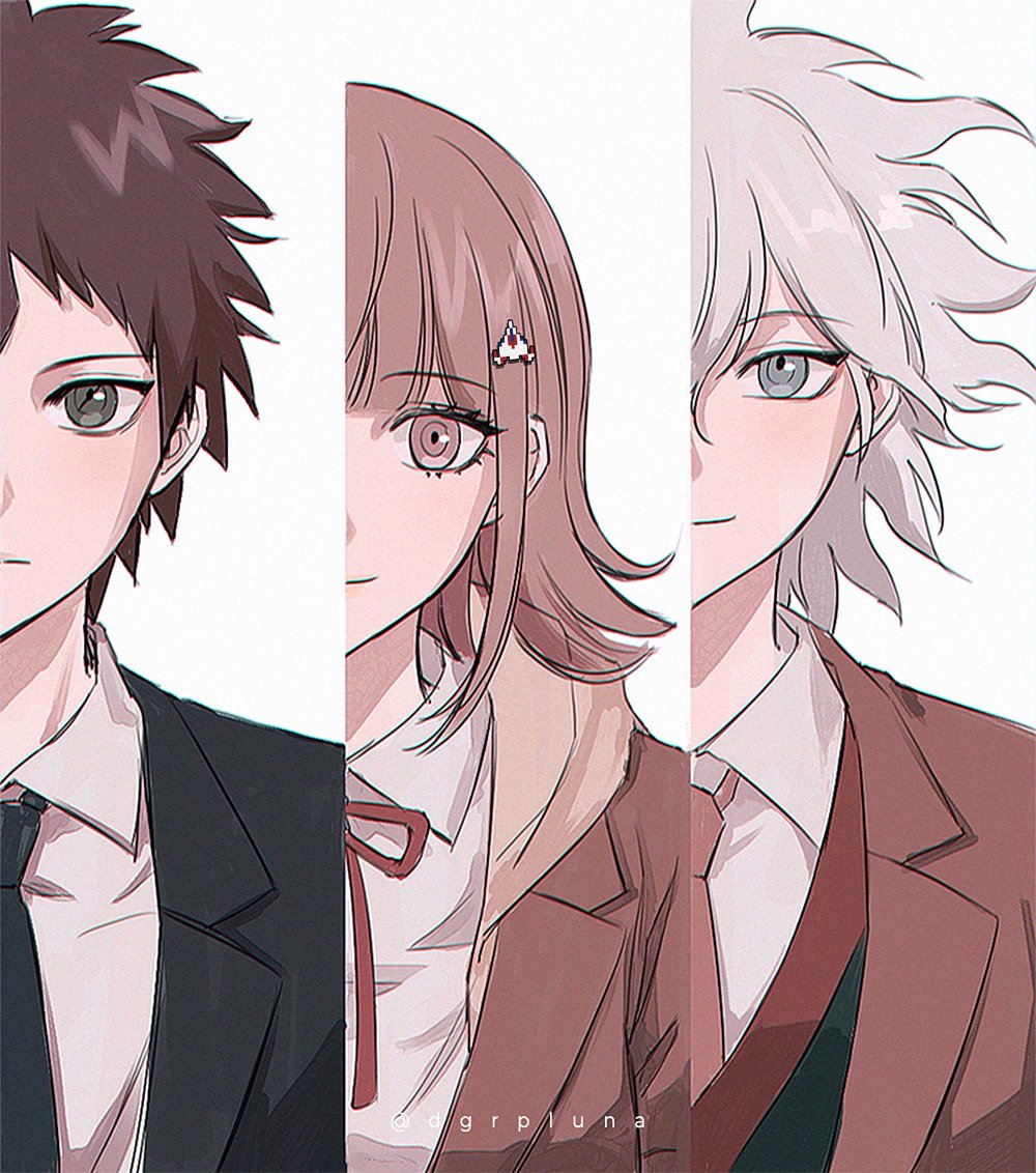 1girl 2boys bangs black_jacket black_necktie boleum_(dgrpluna) brown_eyes brown_jacket collared_shirt danganronpa_(series) danganronpa_3_(anime) flipped_hair formal frown galaga green_vest grey_background grey_hair hair_between_eyes hair_ornament hinata_hajime hood hood_down hope's_peak_academy_school_uniform jacket komaeda_nagito medium_hair messy_hair multiple_boys nanami_chiaki neck_ribbon necktie official_alternate_costume pink_eyes red_ribbon red_vest ribbon school_uniform shiny shiny_hair shirt simple_background smile vest white_shirt