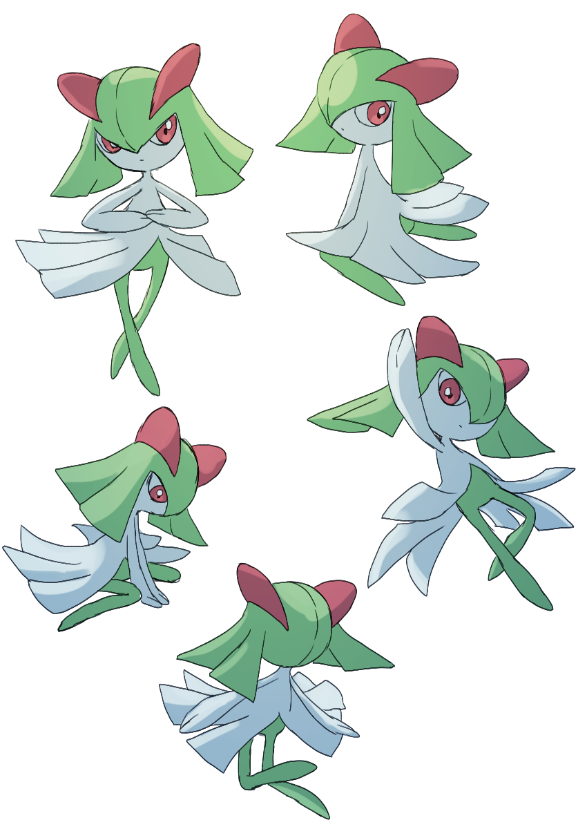 arm_up closed_mouth commentary_request fusenryo green_hair highres kirlia looking_back medium_hair multiple_views own_hands_together pokemon pokemon_(creature) red_eyes simple_background white_background