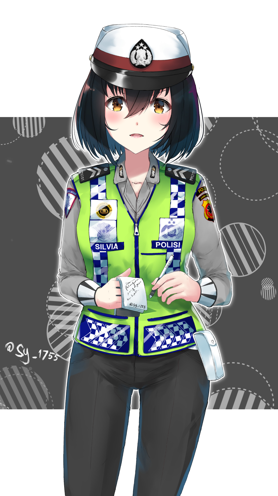 1girl artist_name bangs black_hair black_pants blush brown_eyes grey_shirt hair_between_eyes hat high-visibility_vest highres holding holding_notepad holding_pen indonesia long_sleeves looking_at_viewer notepad original pants pen pocket police police_hat police_uniform policewoman shirt short_hair solo tamarin_(sy1755) twitter_username uniform vest watermark