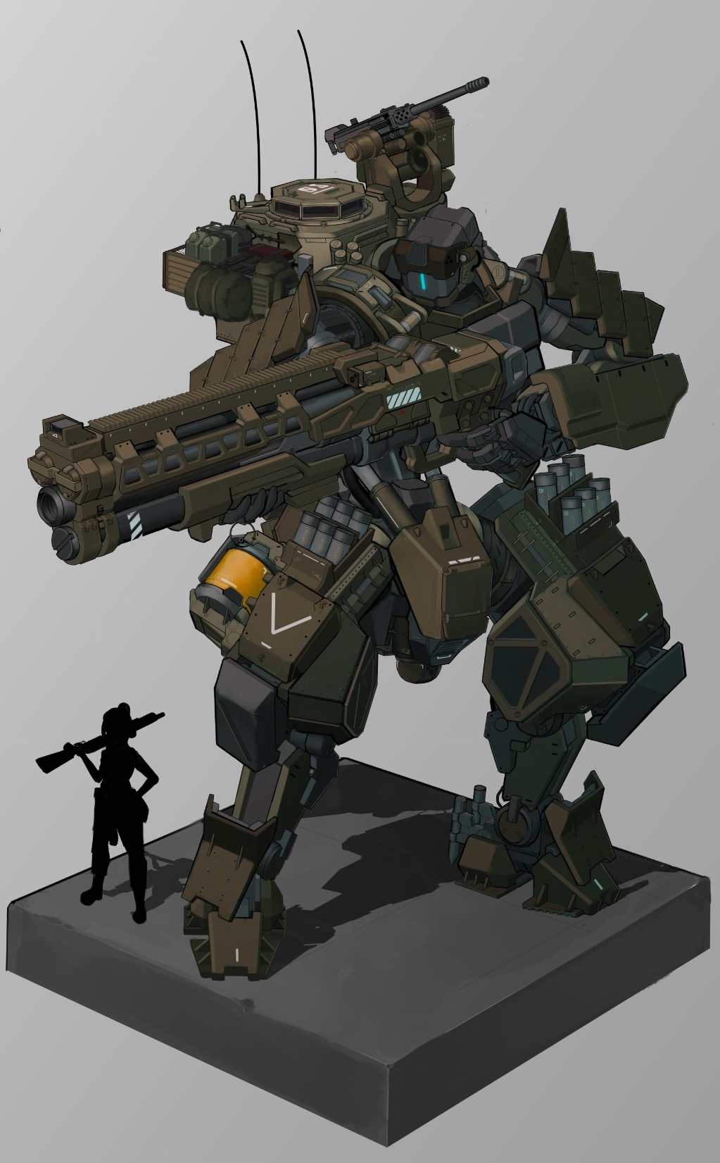 ak_ban22 blue_eyes grey_background gun highres holding holding_gun holding_weapon mecha military one-eyed original radio_antenna science_fiction shadow silhouette size_comparison turret weapon