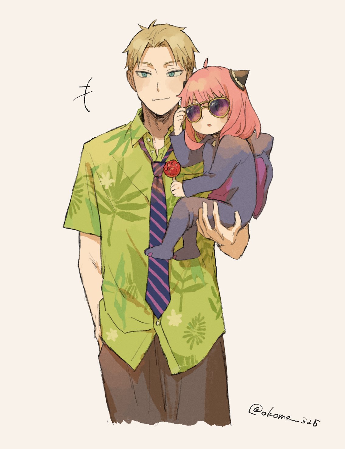 1boy 1girl :o adjusting_eyewear ahoge animal_hood anya_(spy_x_family) blonde_hair candy child closed_mouth collared_shirt cosplay cropped_legs dress_shirt fake_horns female_child finnick_(zootopia) finnick_(zootopia)_(cosplay) food green_shirt hand_in_pocket hand_on_eyewear highres holding holding_candy holding_food holding_lollipop hood hood_down horns jumpsuit lollipop long_sleeves looking_at_viewer medium_hair necktie nick_wilde nick_wilde_(cosplay) okome_325 paw_print pink_hair print_shirt purple-tinted_eyewear shirt short_hair short_sleeves simple_background smile smirk spy_x_family striped_necktie tinted_eyewear twilight_(spy_x_family) twitter_username untucked_shirt zootopia