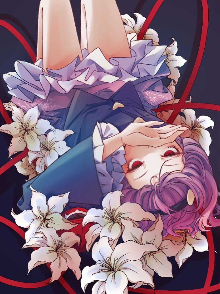 1girl black_hairband blue_shirt buttons covering_mouth floral_print flower frilled_skirt frilled_sleeves frills hair_ornament hairband hand_up heart heart_button heart_hair_ornament komeiji_satori lily_(flower) long_sleeves looking_at_viewer lying on_back pink_skirt purple_hair red_eyes rose_print shirt short_hair skirt solo third_eye touhou upside-down white_flower wide_sleeves zhihuaiqiang