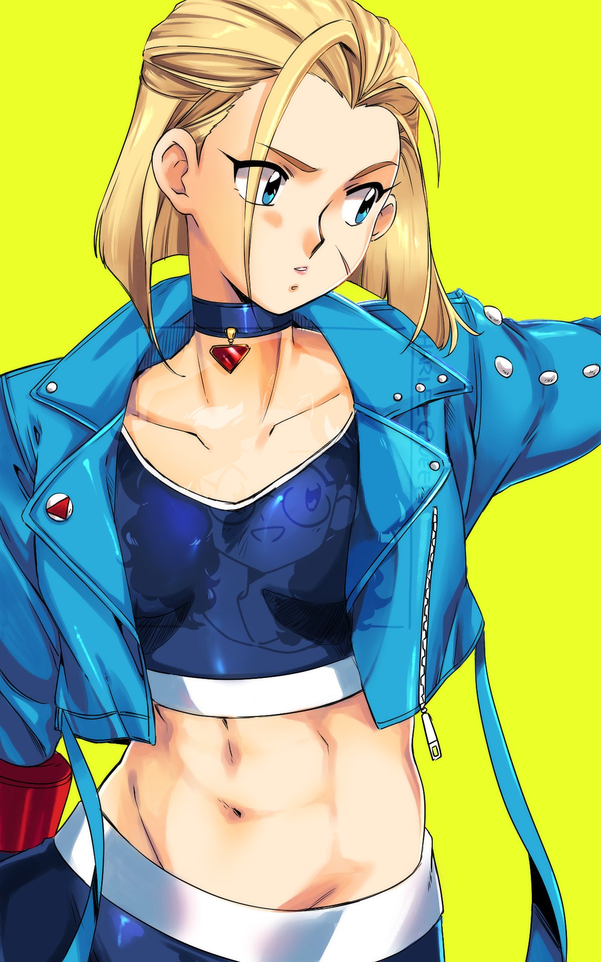 1990s_(style) 1girl abs black_pants blonde_hair blue_eyes blue_jacket blue_sports_bra bob_cut breasts cammy_white choker collarbone cropped_jacket english_commentary gem green_background harleequeen highres jacket leather leather_jacket looking_to_the_side midriff navel pants retro_artstyle scar scar_on_cheek scar_on_face short_hair single_vambrace small_breasts solo sports_bra standing street_fighter street_fighter_6 vambraces watermark yoga_pants