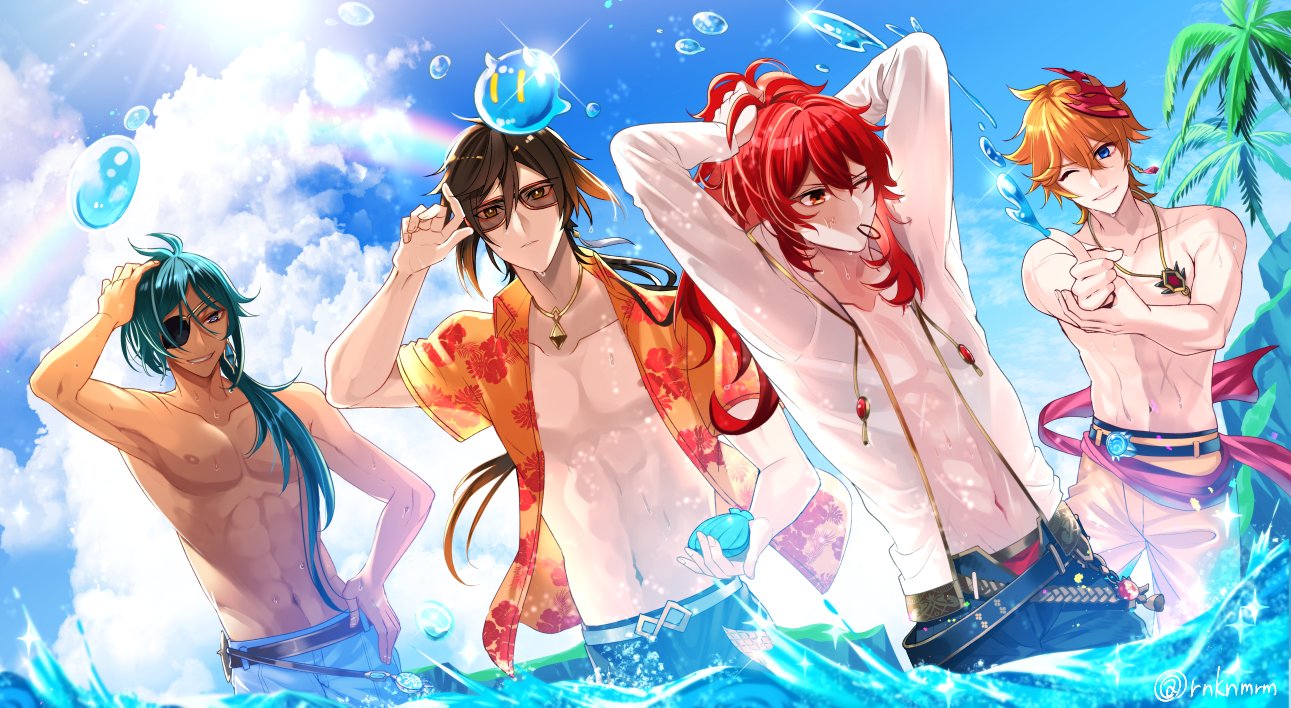 4boys abs beach blue_eyes blue_hair briefs closed_eyes dark-skinned_male dark_skin diluc_(genshin_impact) earrings eyepatch forehead genshin_impact hair_between_eyes hairband jacket jewelry kaeya_(genshin_impact) long_hair long_sleeves male_focus male_swimwear male_underwear mask mask_on_head mouth_hold multiple_boys muscular muscular_male navel necklace nipples ocean orange_hair ponytail red_eyes redhead rnknmrm shell short_hair single_earring smile stomach swim_trunks swimsuit tartaglia_(genshin_impact) toned toned_male underwear vision_(genshin_impact) water_drop zhongli_(genshin_impact)