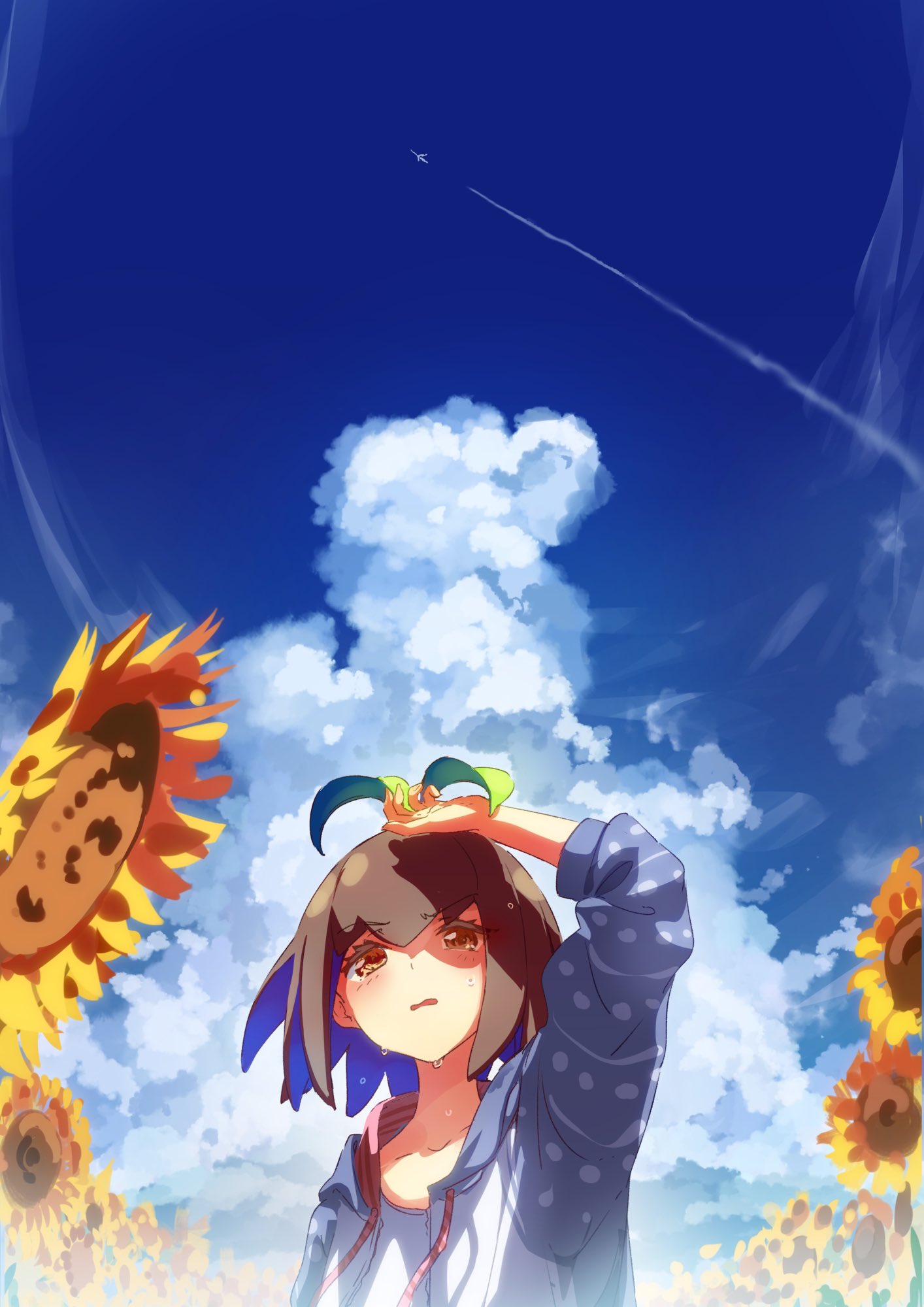 1girl aircraft airplane bangs brown_hair contrail day eva_mashiro eva_mashiro_(vtuber) flower grey_jacket highres hood hooded_jacket hoodie indie_virtual_youtuber jacket long_sleeves open_mouth outdoors shading_eyes shirt sky solo sprout_on_head sunflower upper_body v-shaped_eyebrows white_shirt yellow_eyes