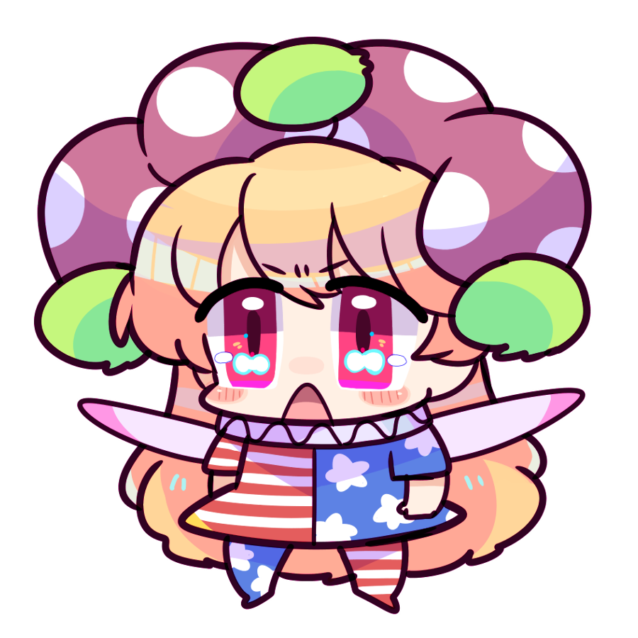 1girl american_flag_dress american_flag_pants bangs blonde_hair blush chibi clownpiece dress eyebrows_visible_through_hair fairy_wings full_body hair_between_eyes harunori_(hrnrx) hat jester_cap long_hair looking_to_the_side neck_ruff no_shoes open_mouth pants pink_eyes polka_dot pom_pom_(clothes) purple_headwear short_sleeves simple_background solo standing star_(symbol) star_print striped striped_dress striped_pants touhou very_long_hair white_background wings
