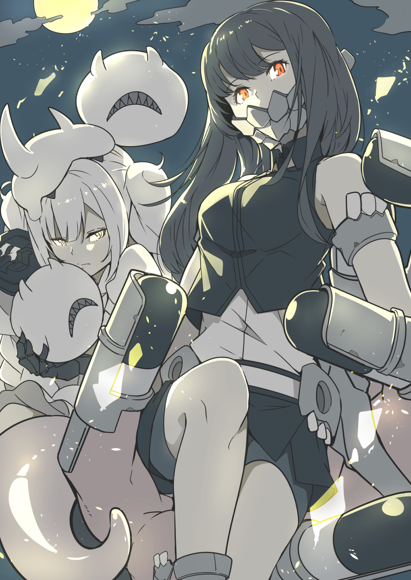 2girls abyssal_nimbus_princess abyssal_ship bangs bike_shorts black_hair braid breasts closed_mouth clouds colored_skin fake_horns grey_skin hat holding horned_headwear horns kantai_collection long_hair looking_at_viewer mask medium_breasts moon mouth_mask multiple_girls night ninimo_nimo orange_eyes outdoors outer_southern_sea_destroyer_princess pale_skin sharp_teeth shirt shorts shorts_under_skirt skeletal_hand skirt sky sleeveless sleeveless_shirt teeth torpedo twin_braids white_hair white_headwear yellow_eyes