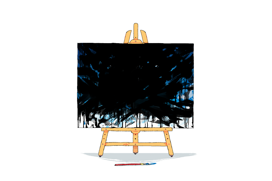 aimf artist_name canvas_(object) commentary_request easel english_commentary english_text mixed-language_commentary no_humans original paint_splatter paintbrush painting_(object) signature simple_background still_life white_background