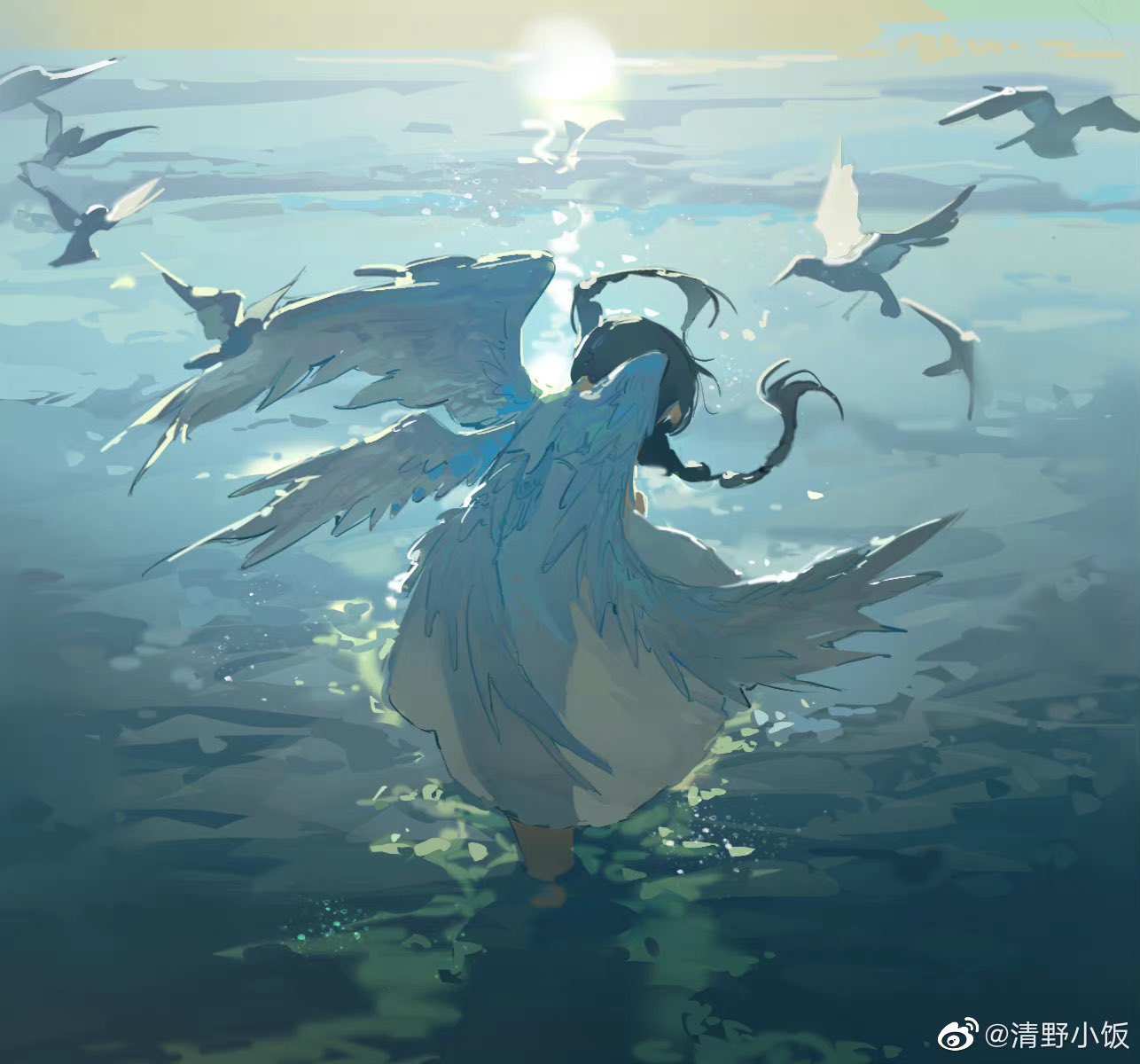 1girl baofandxy bird black_hair braid commentary_request dress feathered_wings highres in_water long_hair multiple_wings original solo twin_braids white_dress white_wings wings