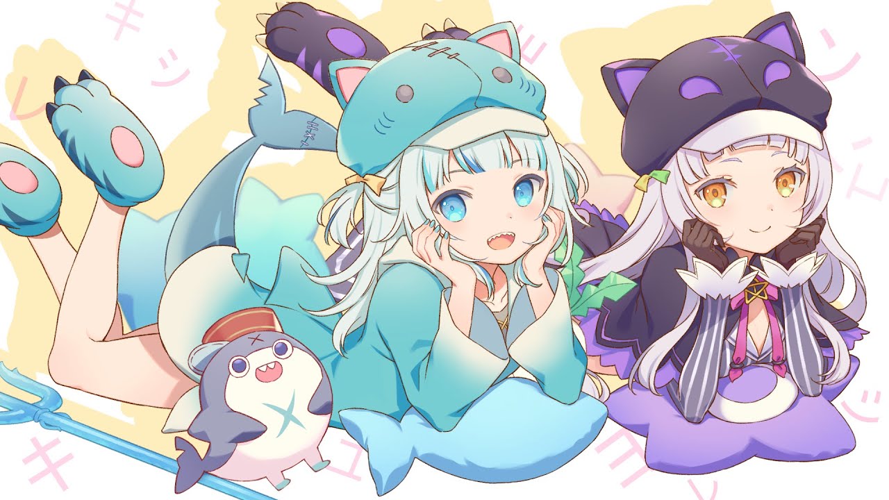 2girls animal_ears artist_request bloop_(gawr_gura) blue_eyes cat_ears collarbone fish_tail gawr_gura grey_hair hands_on_own_face hat hololive hololive_english looking_at_viewer multiple_girls murasaki_shion ribbon shark_girl shark_tail tail yellow_eyes